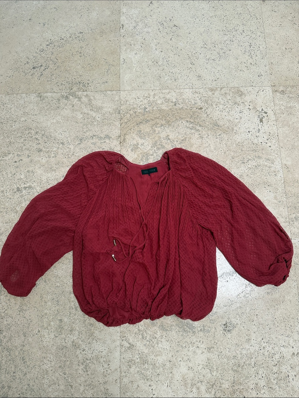 Zara Wine Red Textured Peasant Blouse